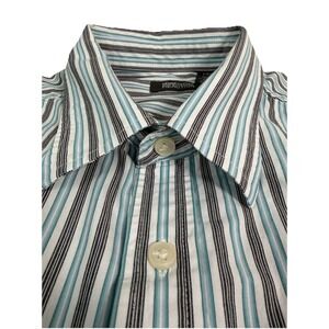 Kenneth Cole Reaction Mens Sz Large L Button Up Long Sleeve Striped Blue White
